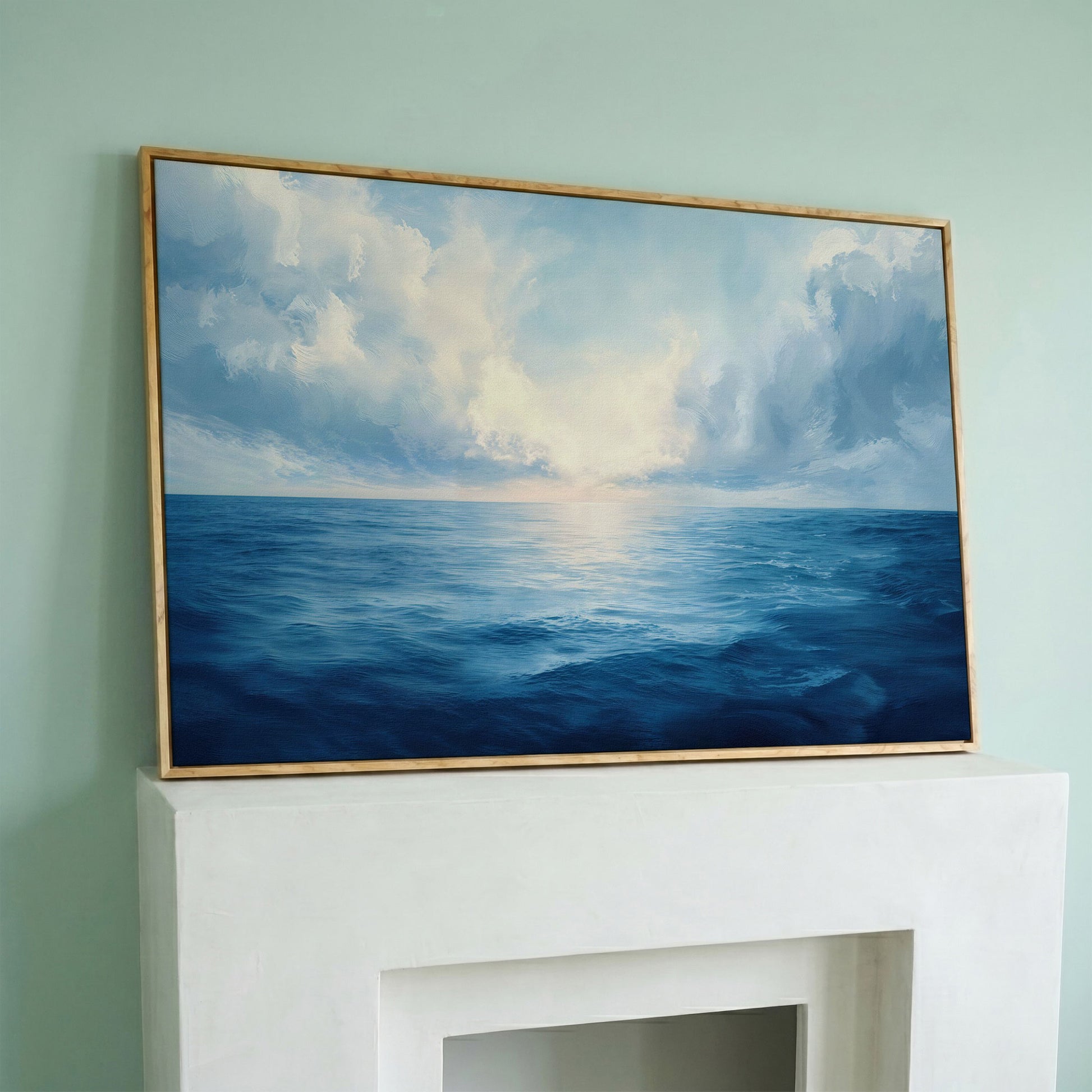 Ocean Seascape Canvas. Cerulean Sky and Still Water. in white oak floating frame