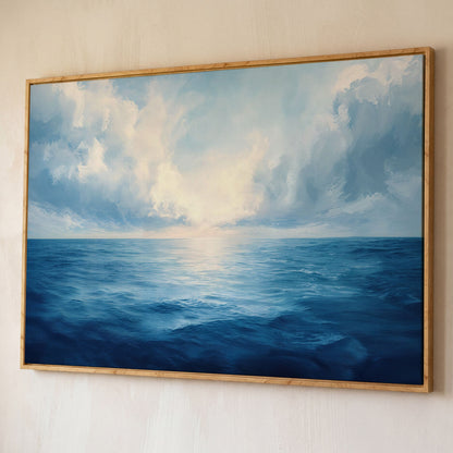 Ocean Seascape Canvas. Cerulean Sky and Still Water. shown in white oak floating frame