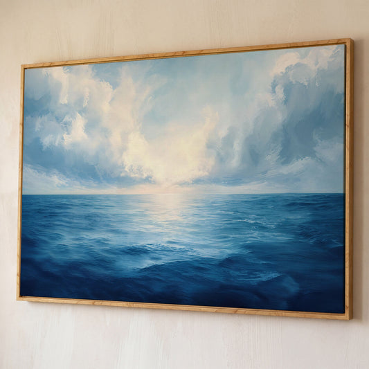 Ocean Seascape Canvas. Cerulean Sky and Still Water. shown in white oak floating frame