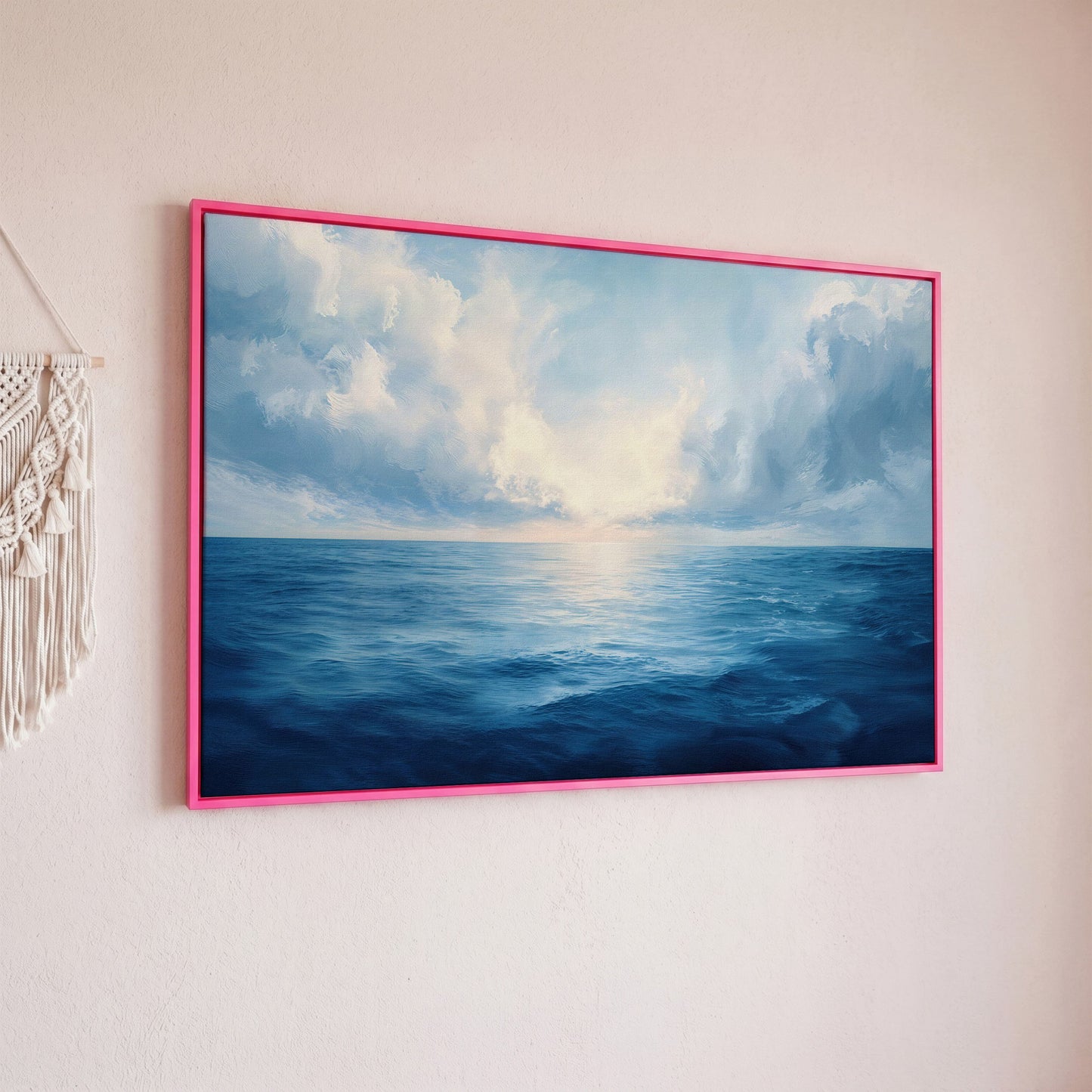 Ocean Seascape Canvas. Cerulean Sky and Still Water. in pink floating frame