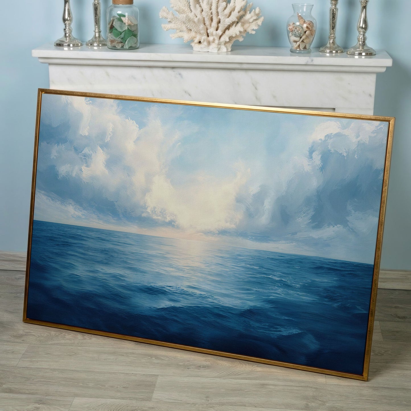Ocean Seascape Canvas. Cerulean Sky and Still Water. in rose gold floating frame