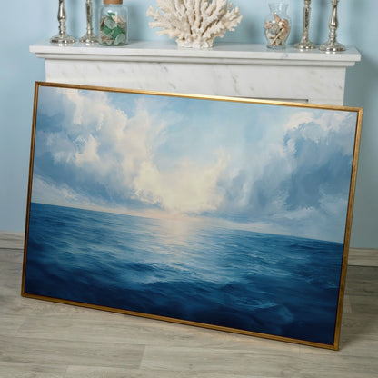 Ocean Seascape Canvas. Cerulean Sky and Still Water. in rose gold floating frame