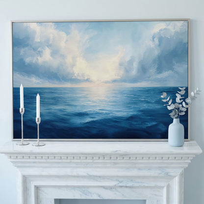 Ocean Seascape Canvas. Cerulean Sky and Still Water. in silver floating frame