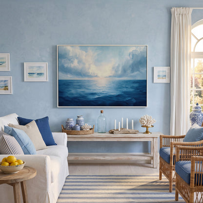 Ocean Seascape Canvas. Cerulean Sky and Still Water. in white floating frame