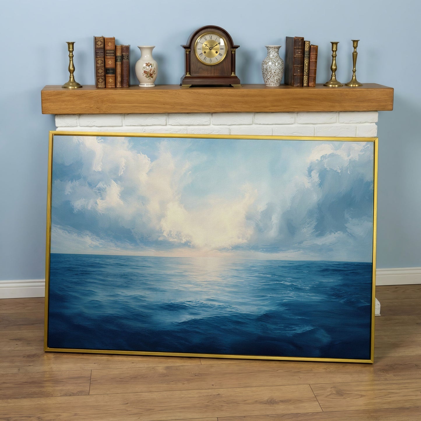 Ocean Seascape Canvas. Cerulean Sky and Still Water. in yellow gold floating frame