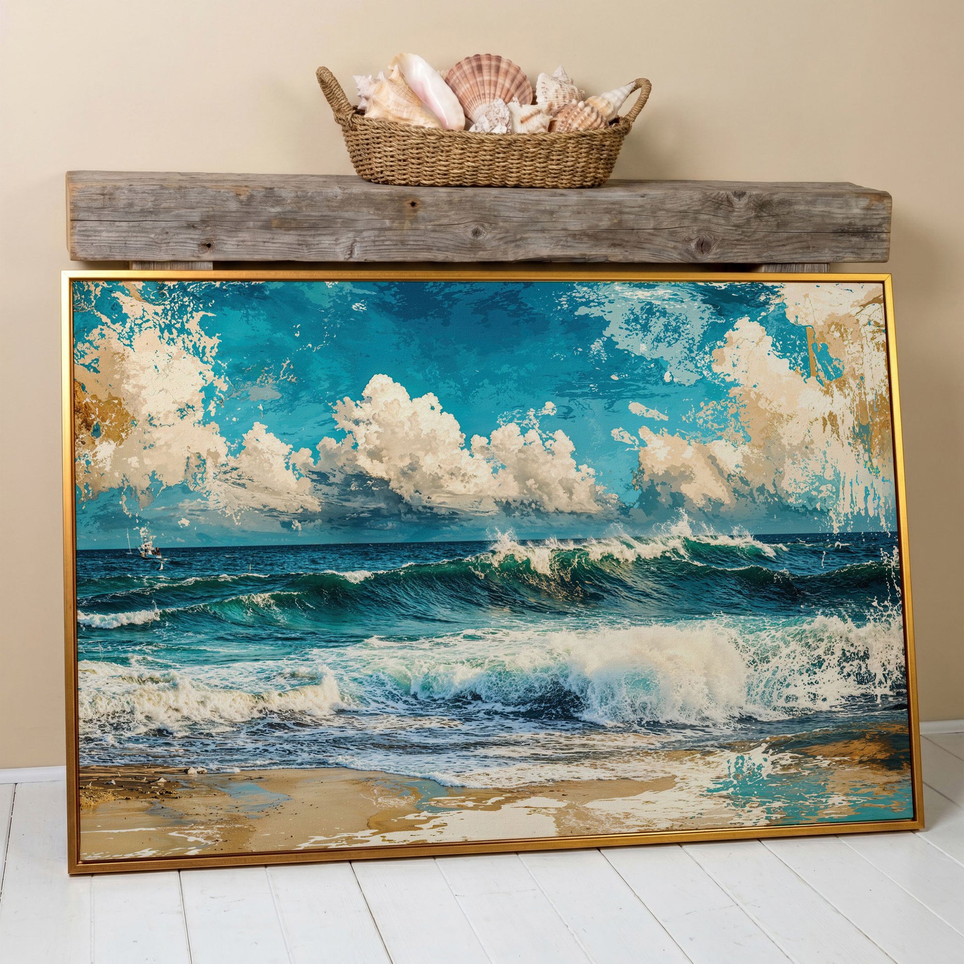Ocean Wave with Sailboat Canvas Print in antique gold floating frame