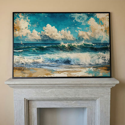 Ocean Wave with Sailboat Canvas Print in black floating frame