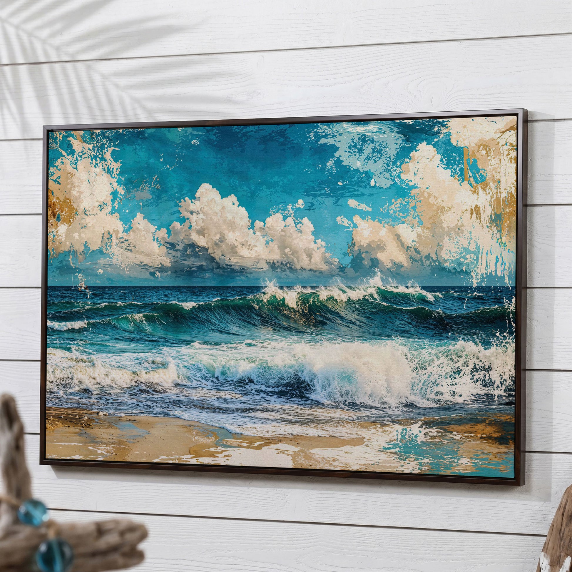 Ocean Wave with Sailboat Canvas Print in dark walnut floating frame