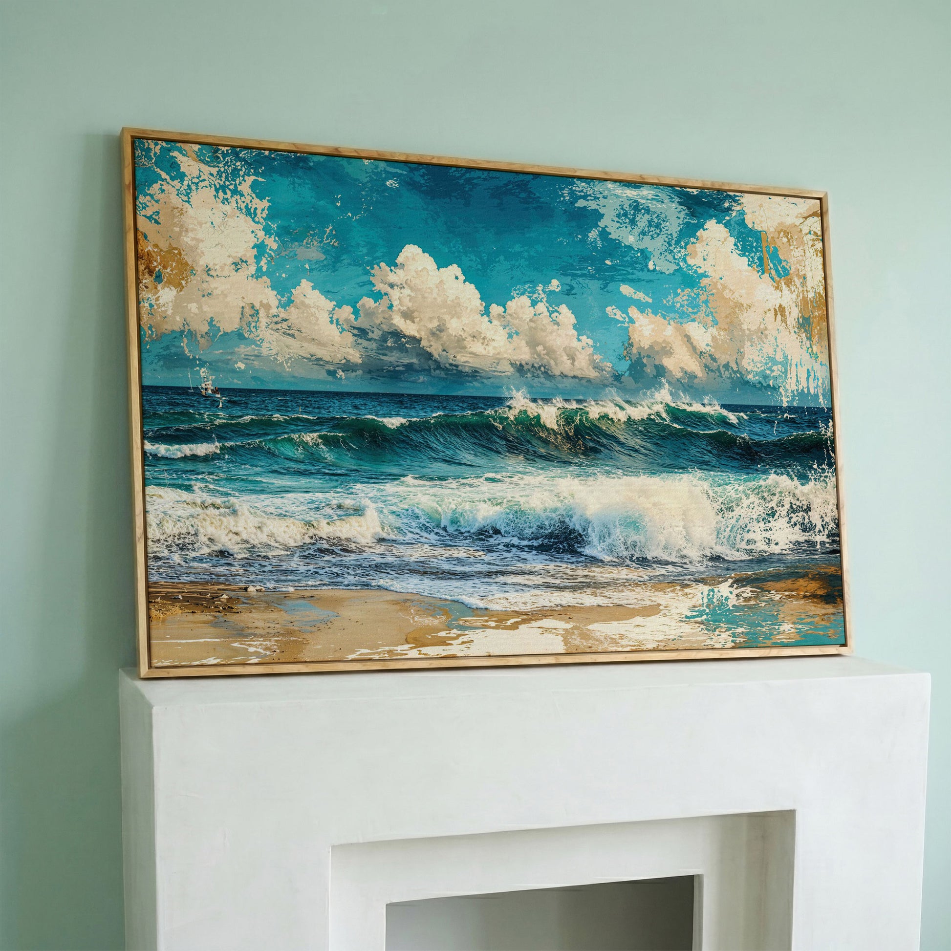 Ocean Wave with Sailboat Canvas Print in white oak floating frame