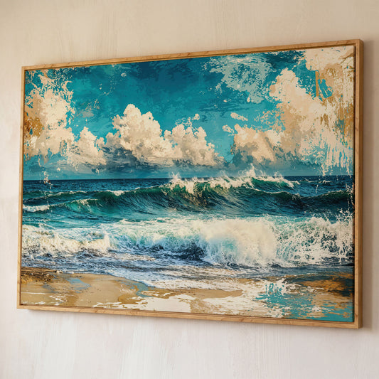 Ocean Wave with Sailboat Canvas Print shown in white oak floating frame