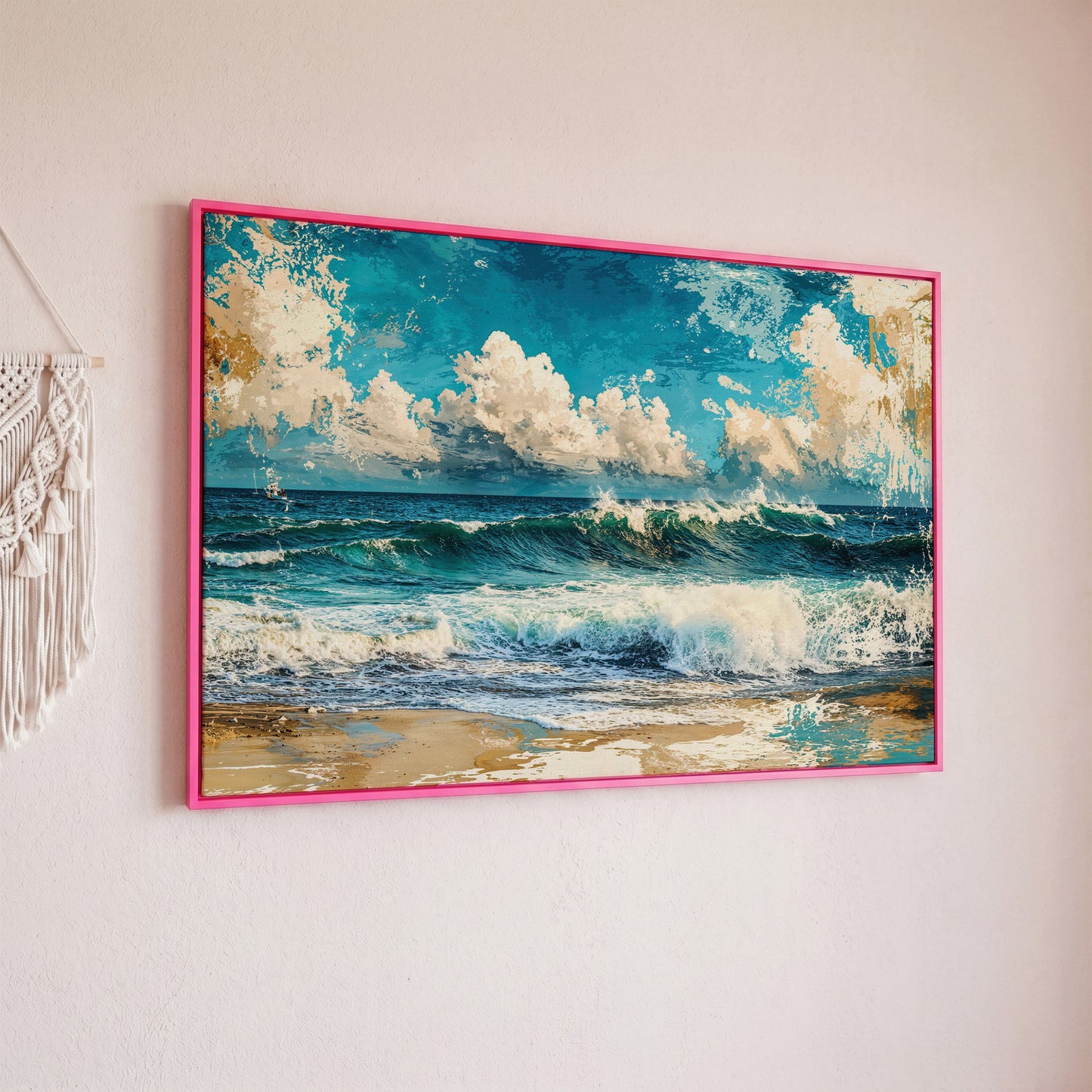 Ocean Wave with Sailboat Canvas Print in pink floating frame