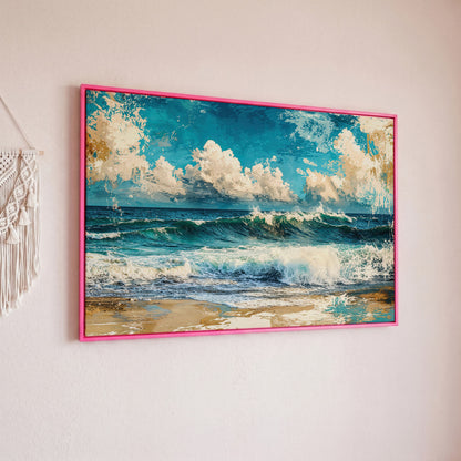 Ocean Wave with Sailboat Canvas Print in pink floating frame