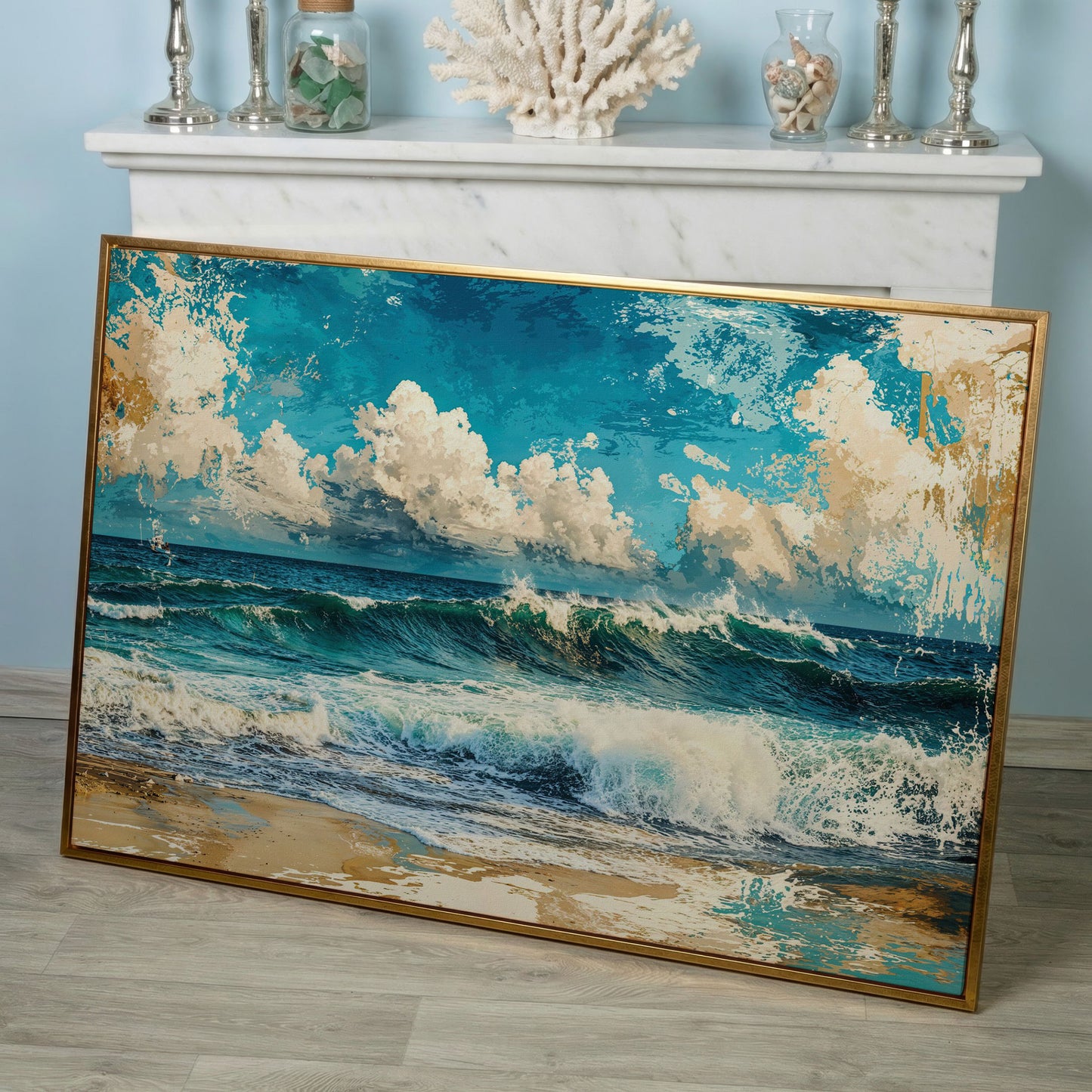 Ocean Wave with Sailboat Canvas Print in rose gold floating frame