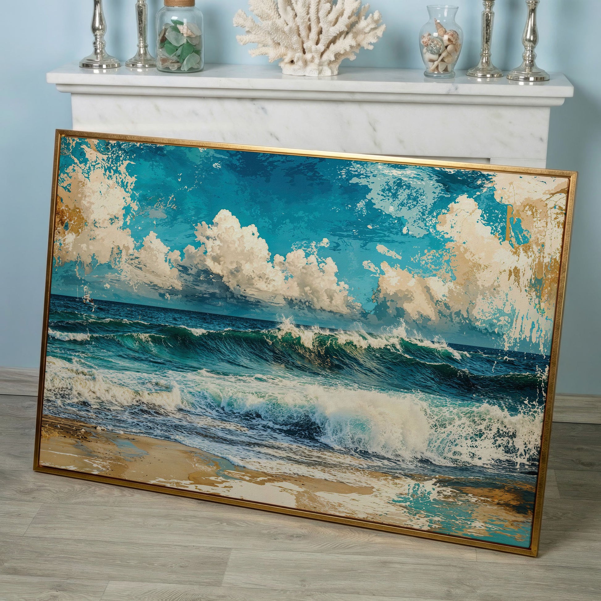 Ocean Wave with Sailboat Canvas Print in rose gold floating frame