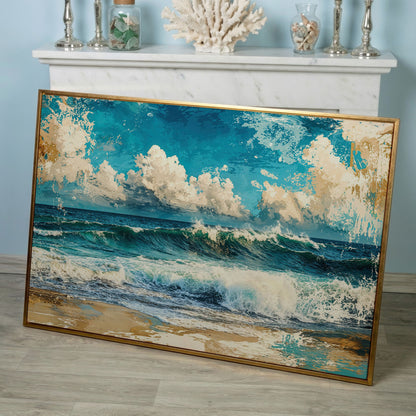 Ocean Wave with Sailboat Canvas Print in rose gold floating frame