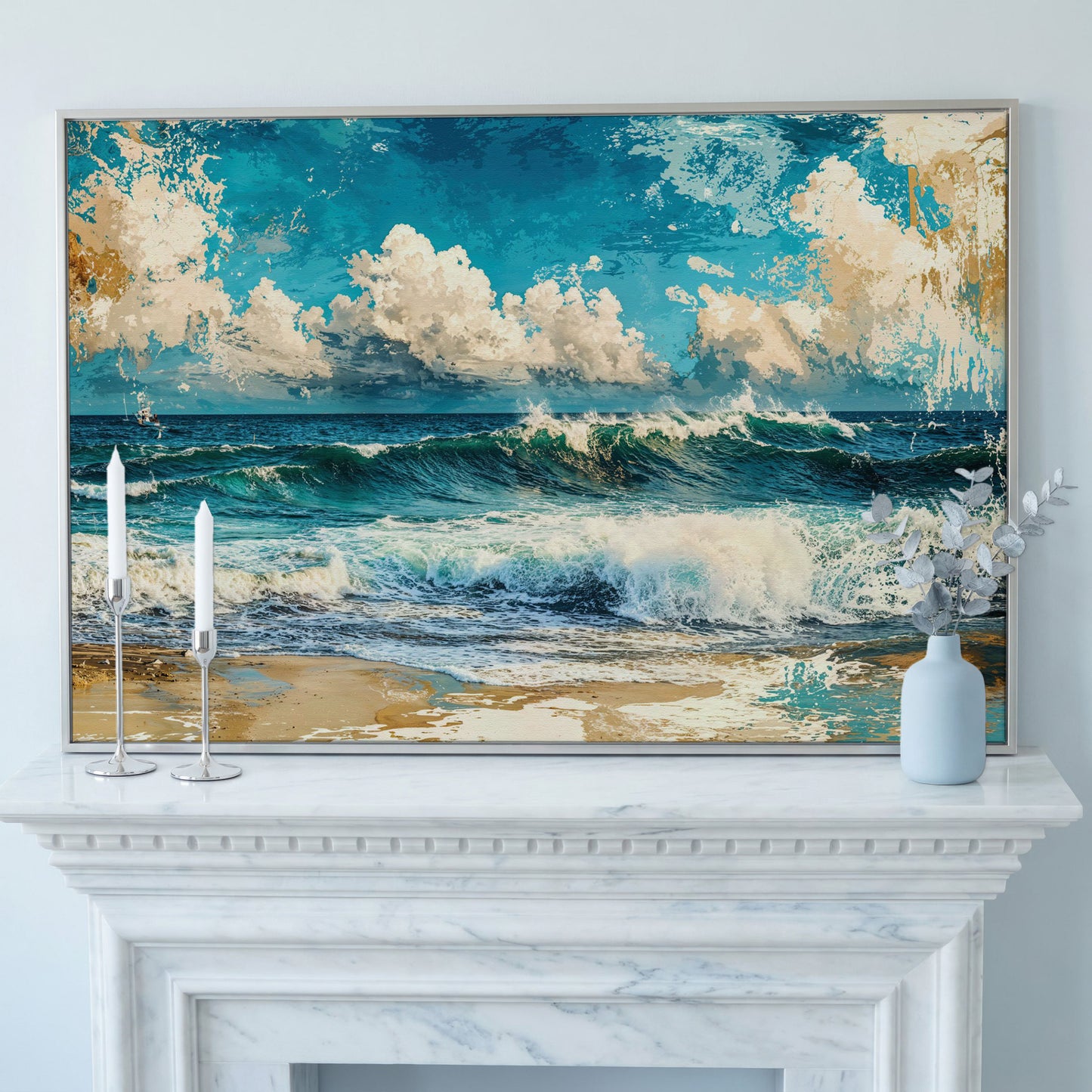 Ocean Wave with Sailboat Canvas Print in silver floating frame