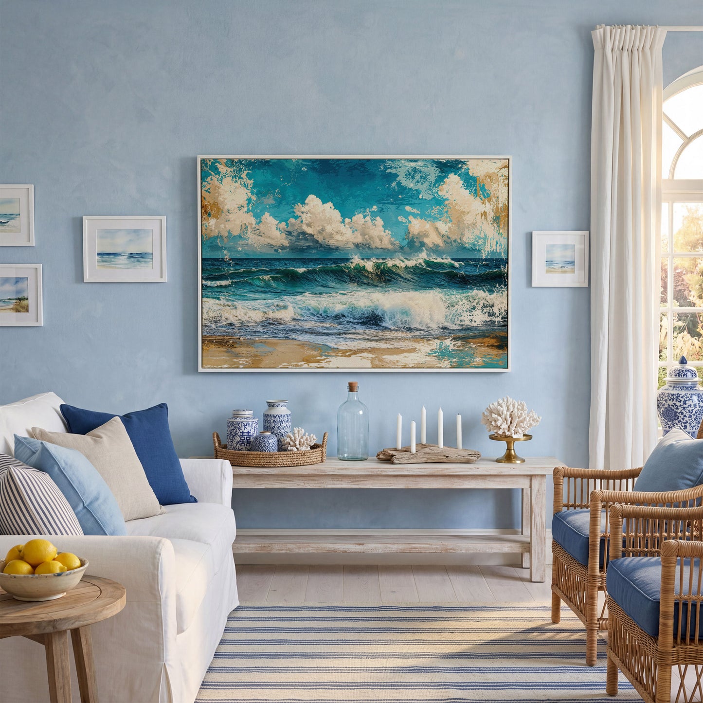 Ocean Wave with Sailboat Canvas Print in white floating frame