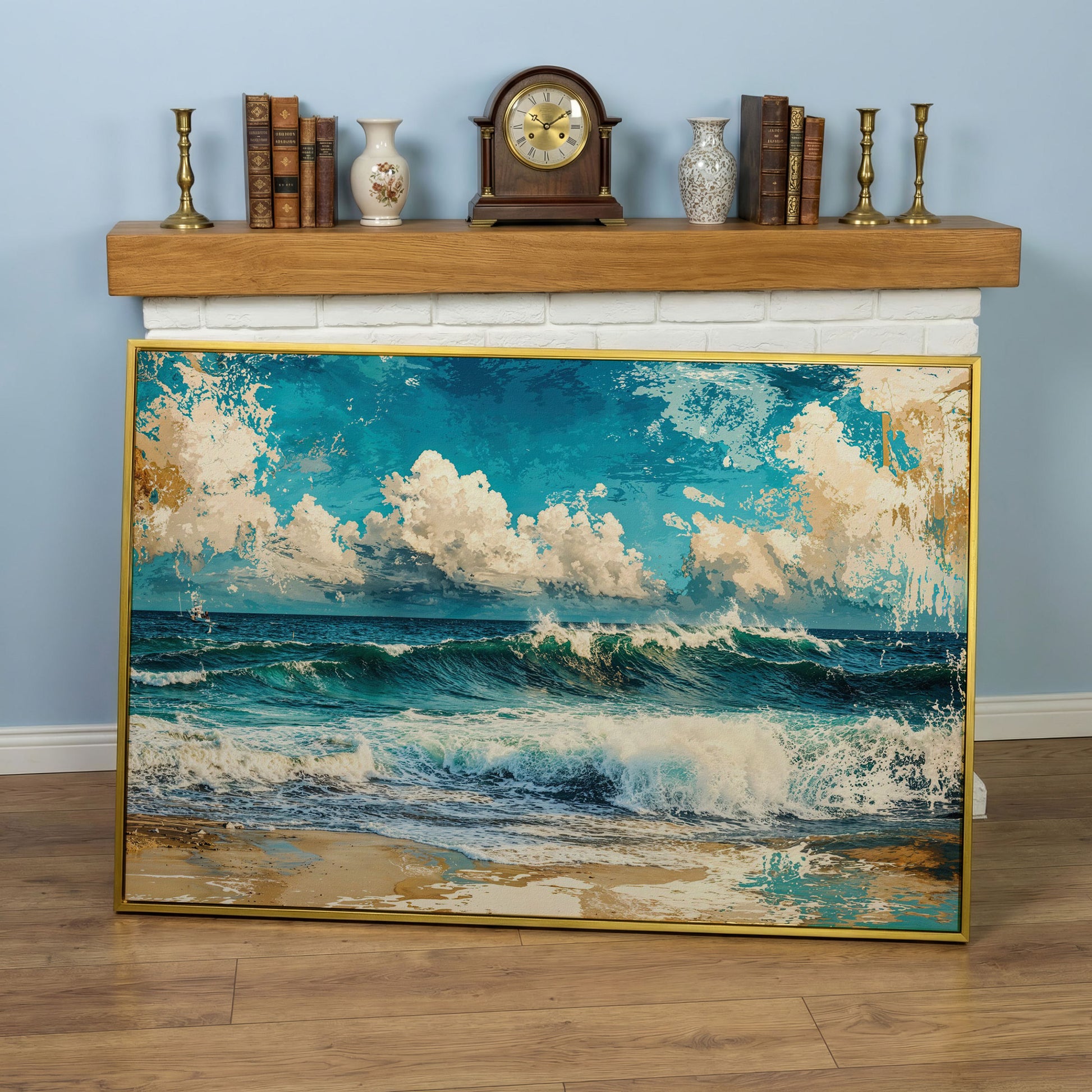 Ocean Wave with Sailboat Canvas Print in yellow gold floating frame
