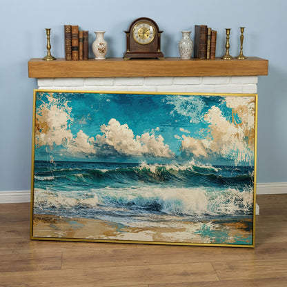 Ocean Wave with Sailboat Canvas Print in yellow gold floating frame