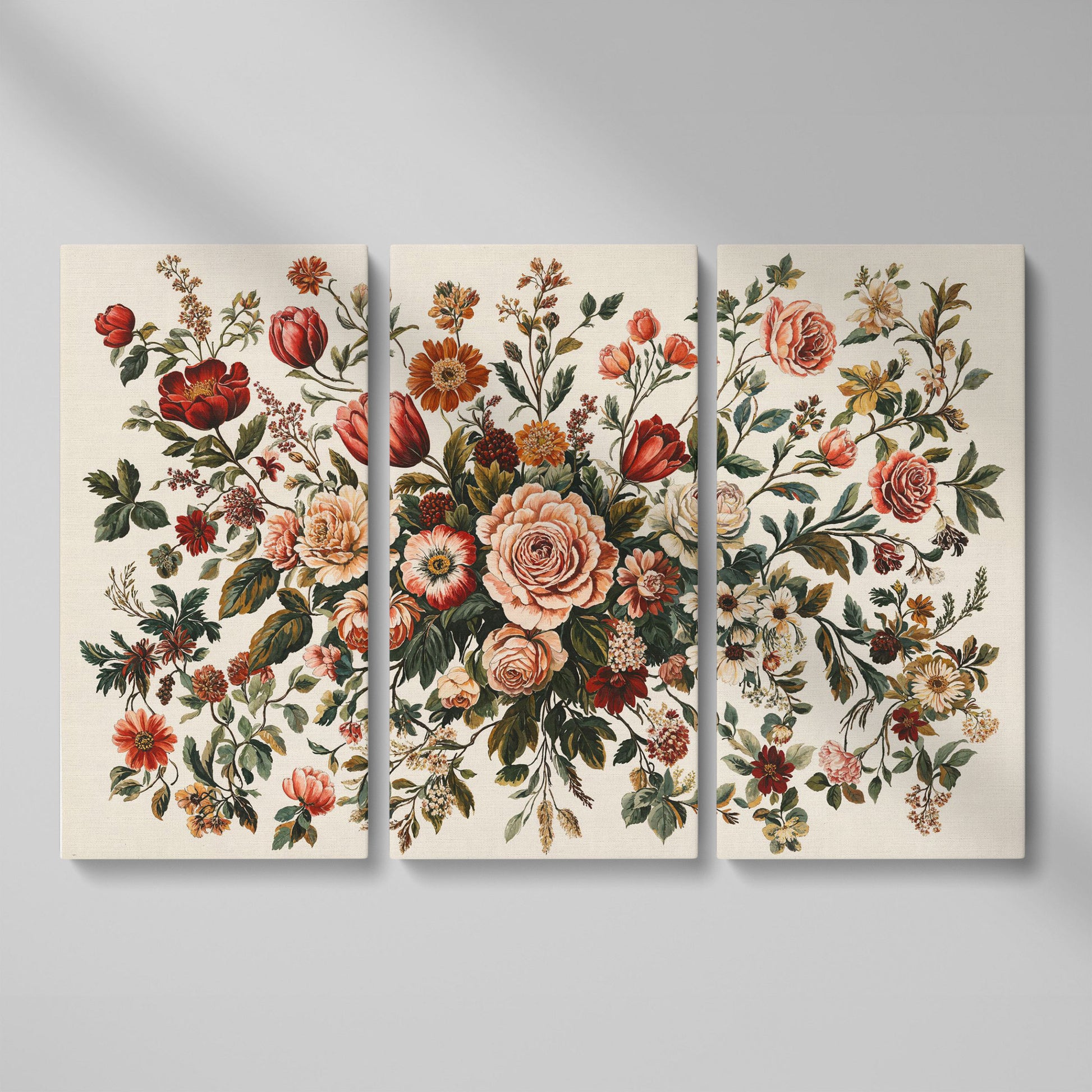Romantic Rose and Tulip Bouquet Canvas as 3-panel split version