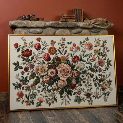 Romantic Rose and Tulip Bouquet Canvas in antique gold floating frame