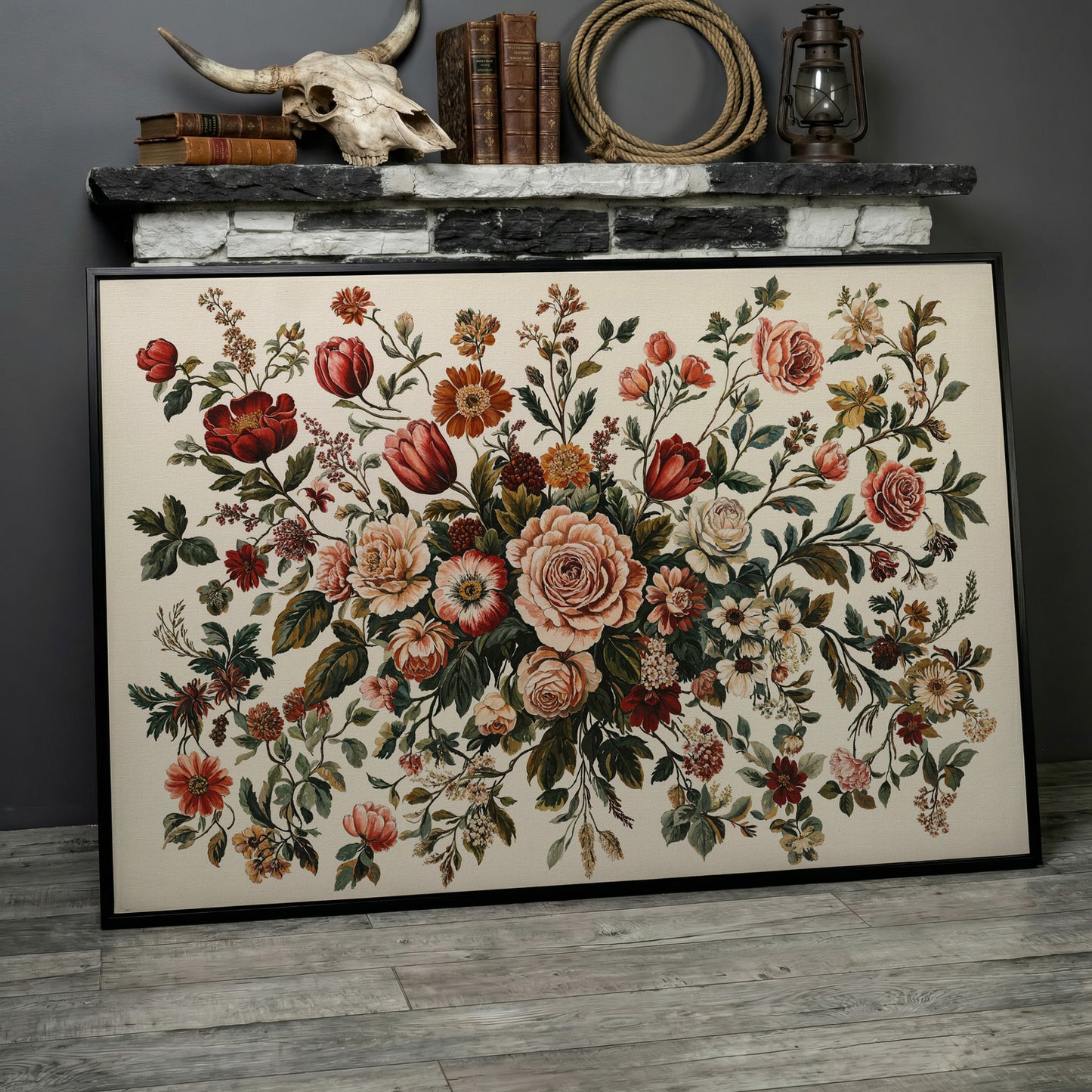 Romantic Rose and Tulip Bouquet Canvas in black floating frame