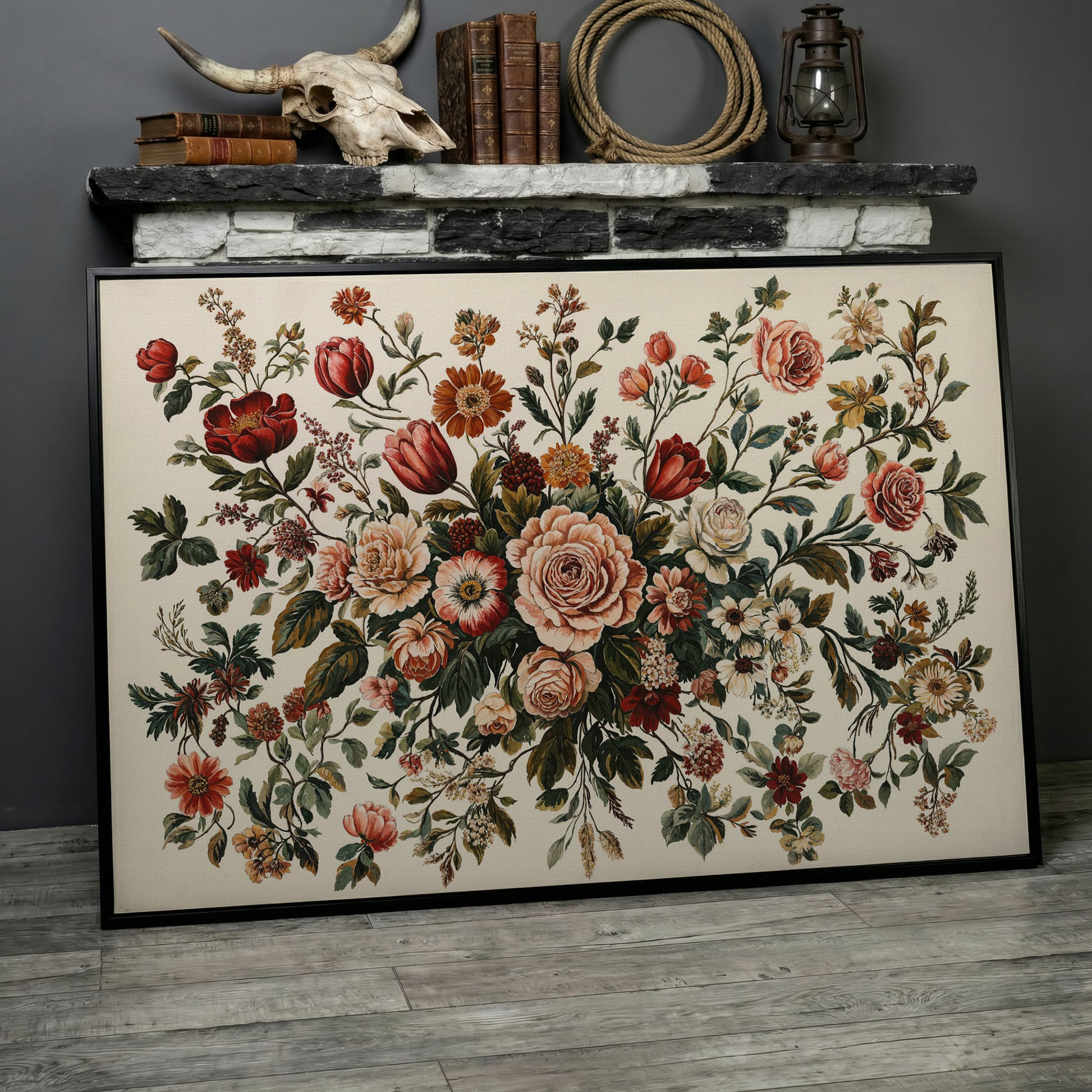 Romantic Rose and Tulip Bouquet Canvas in black floating frame