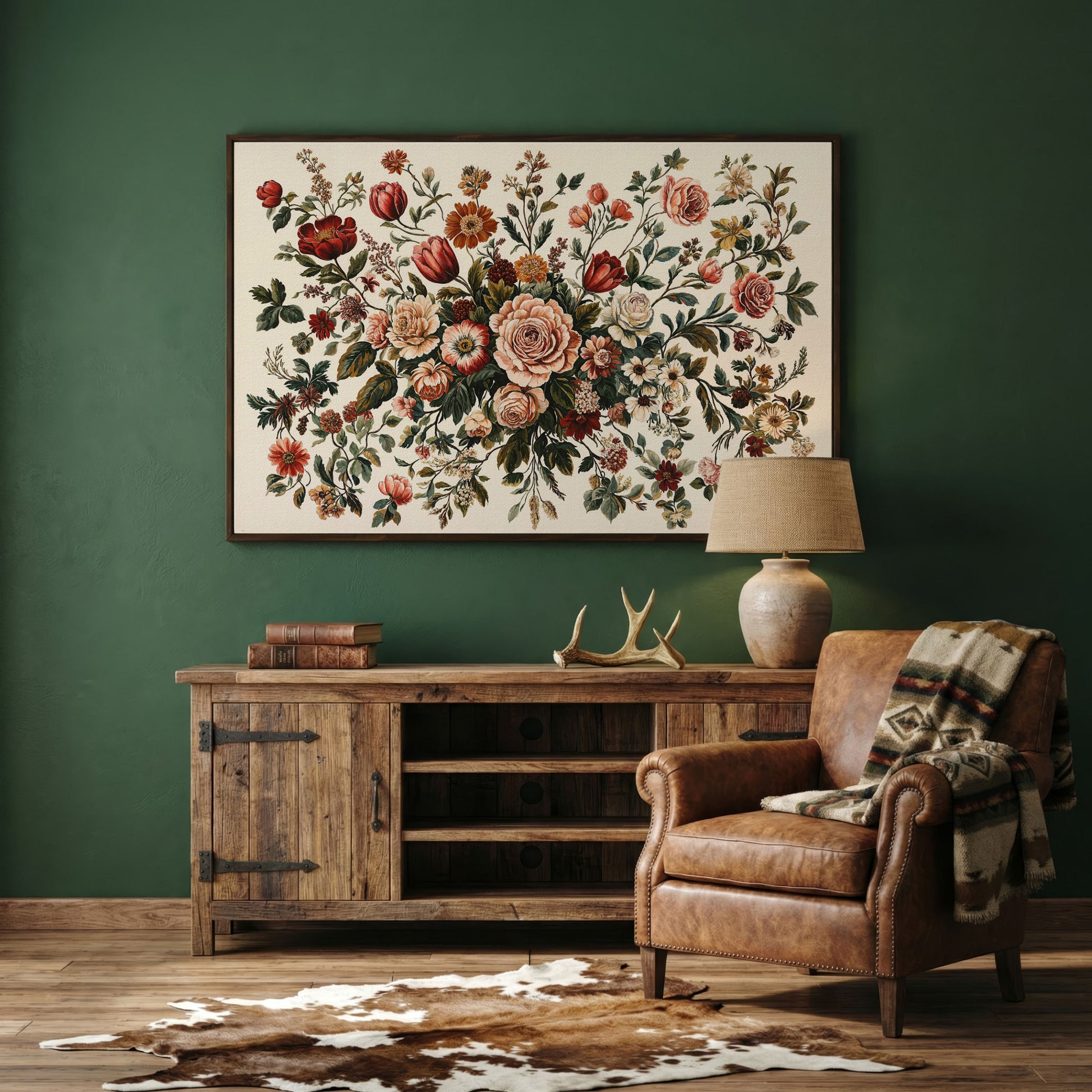 Romantic Rose and Tulip Bouquet Canvas in dark walnut floating frame