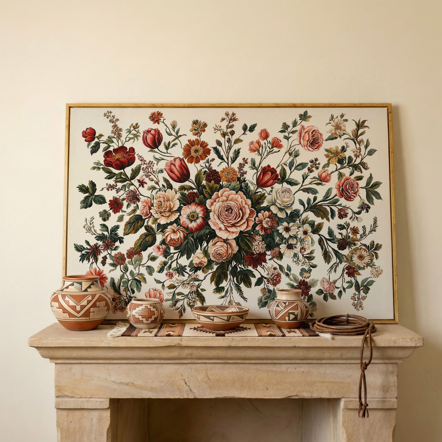 Romantic Rose and Tulip Bouquet Canvas in white oak floating frame