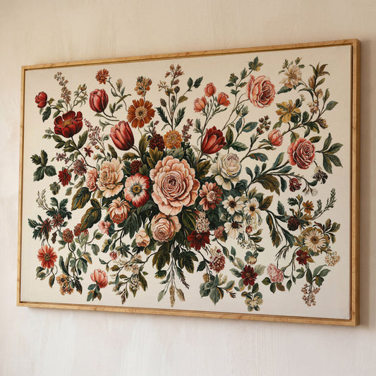 Romantic Rose and Tulip Bouquet Canvas shown in white oak floating frame