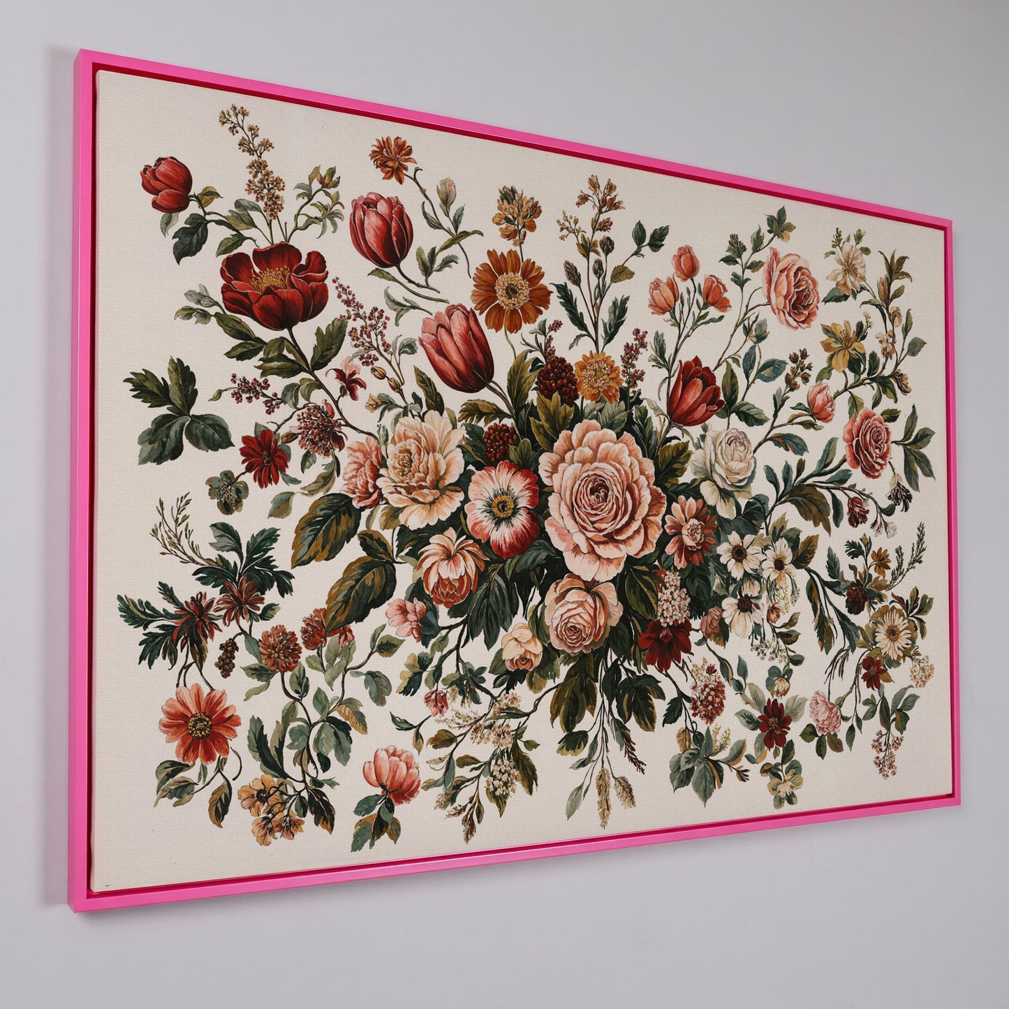 Romantic Rose and Tulip Bouquet Canvas in pink floating frame