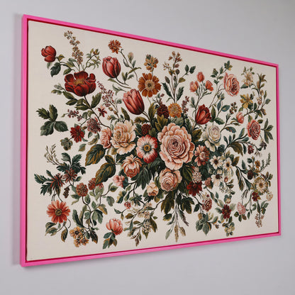 Romantic Rose and Tulip Bouquet Canvas in pink floating frame