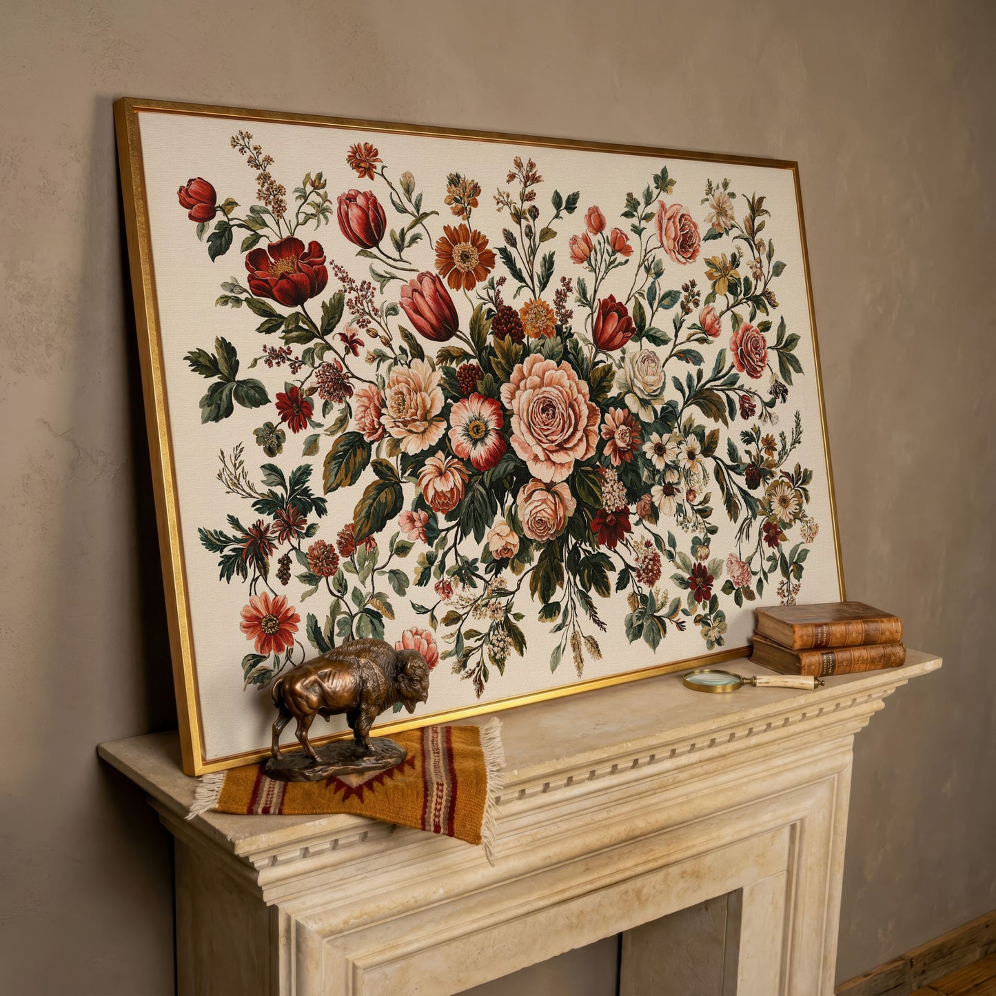Romantic Rose and Tulip Bouquet Canvas in rose gold floating frame