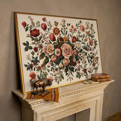 Romantic Rose and Tulip Bouquet Canvas in rose gold floating frame