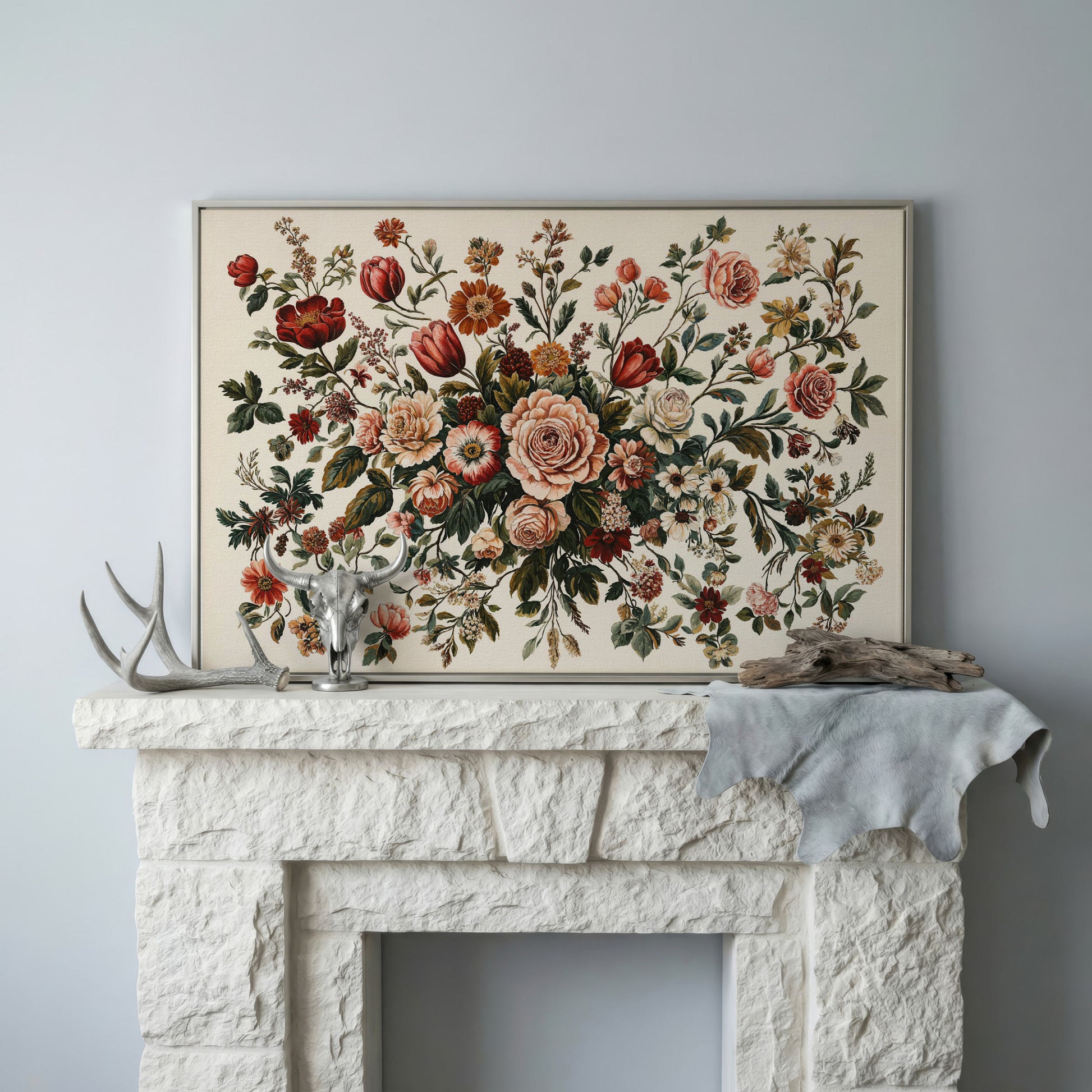 Romantic Rose and Tulip Bouquet Canvas in silver floating frame
