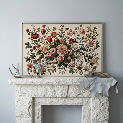 Romantic Rose and Tulip Bouquet Canvas in silver floating frame