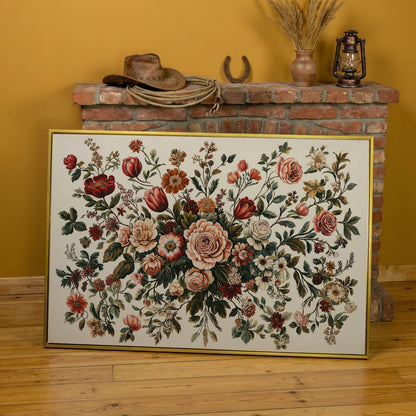 Romantic Rose and Tulip Bouquet Canvas in yellow gold floating frame
