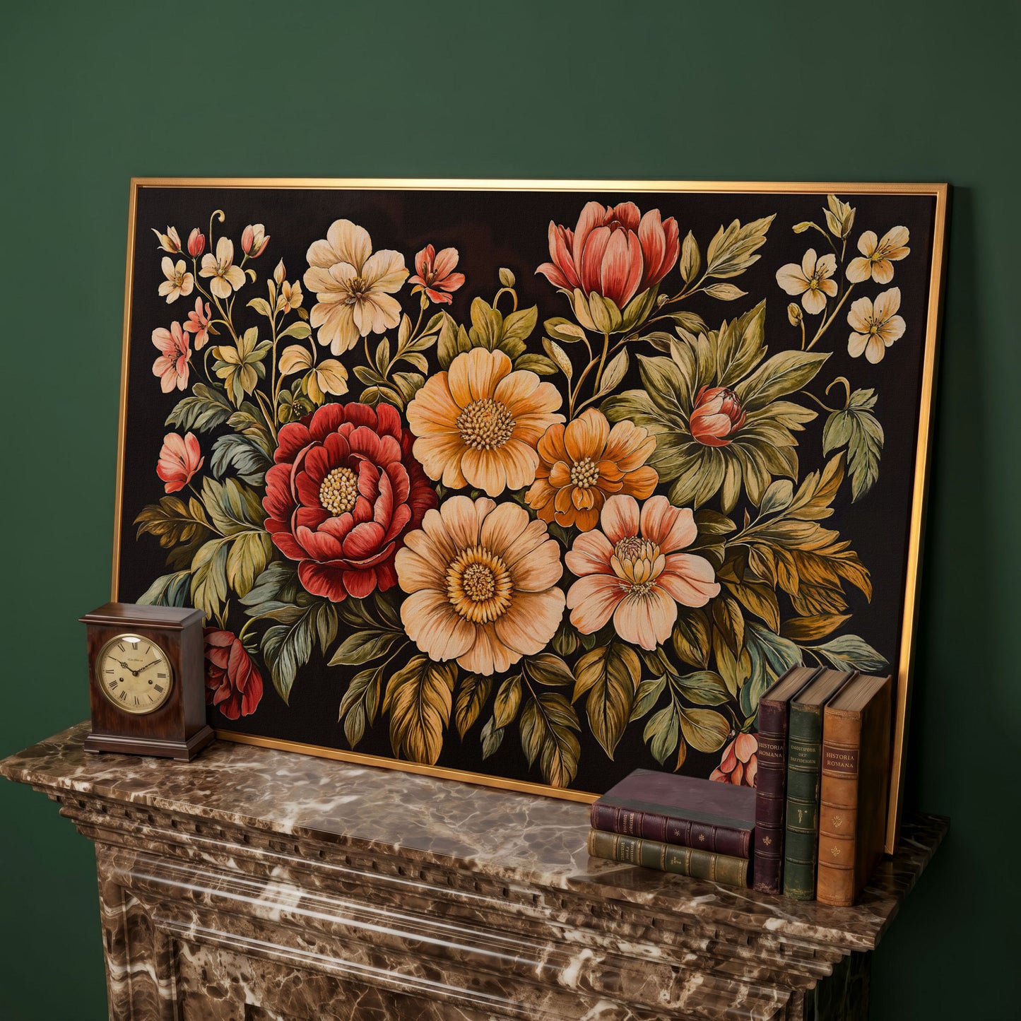Elegant Blooms Botanical Canvas Print for Hallway Decor in antique gold floating frame