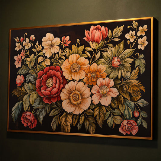 Elegant Blooms Botanical Canvas Print for Hallway Decor shown in antique gold floating frame