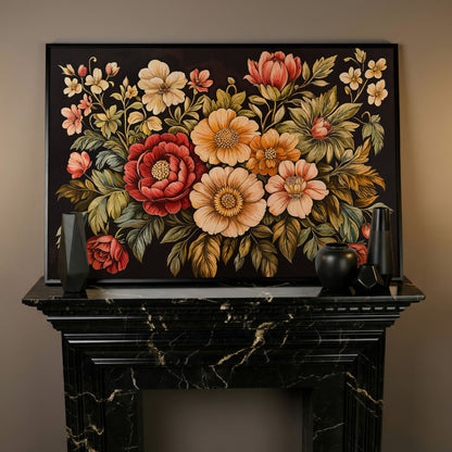 Elegant Blooms Botanical Canvas Print for Hallway Decor in black floating frame