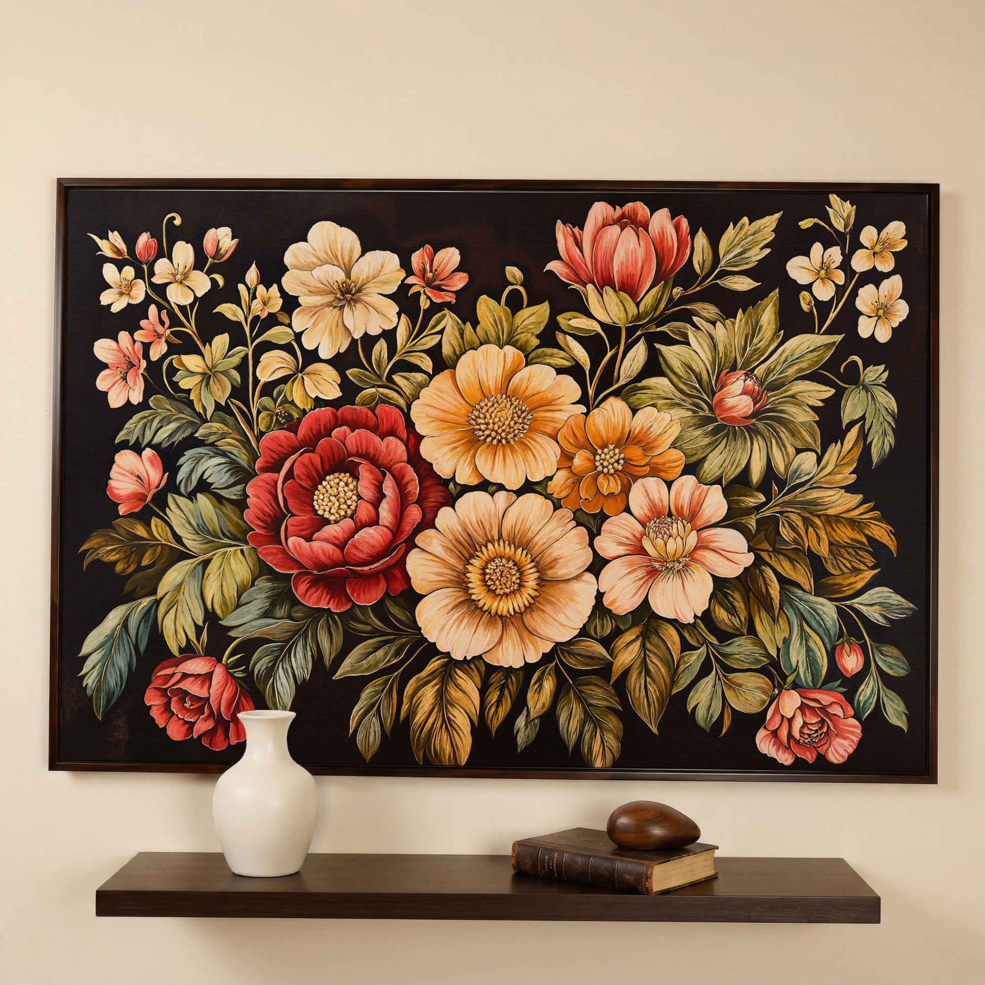 Elegant Blooms Botanical Canvas Print for Hallway Decor in dark walnut floating frame