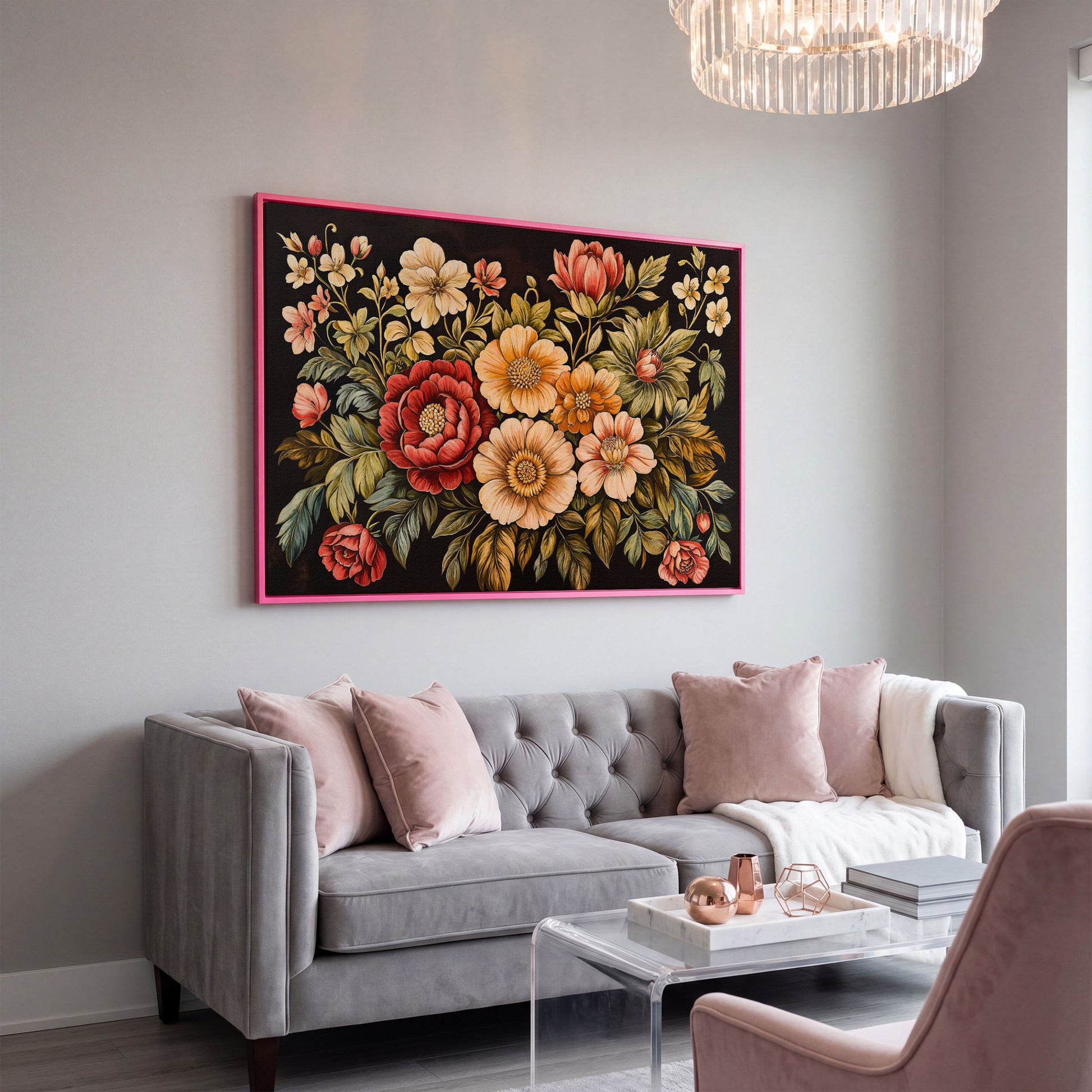 Elegant Blooms Botanical Canvas Print for Hallway Decor in pink floating frame