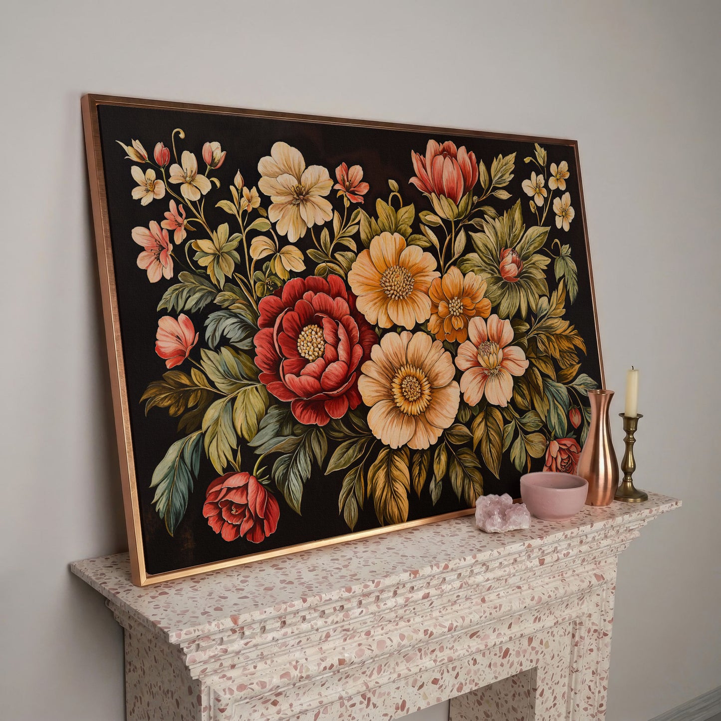 Elegant Blooms Botanical Canvas Print for Hallway Decor in rose gold floating frame