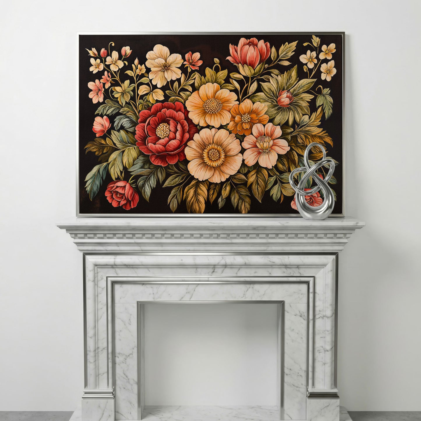 Elegant Blooms Botanical Canvas Print for Hallway Decor in silver floating frame
