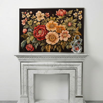 Elegant Blooms Botanical Canvas Print for Hallway Decor in silver floating frame