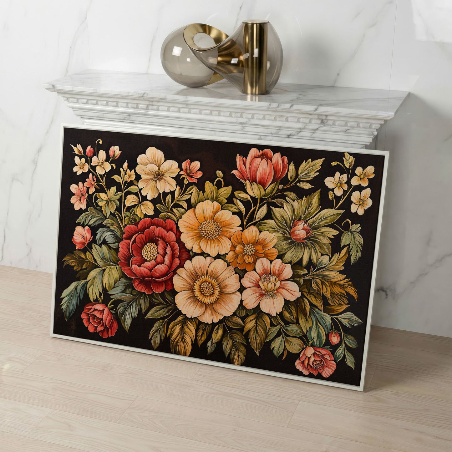 Elegant Blooms Botanical Canvas Print for Hallway Decor in white floating frame