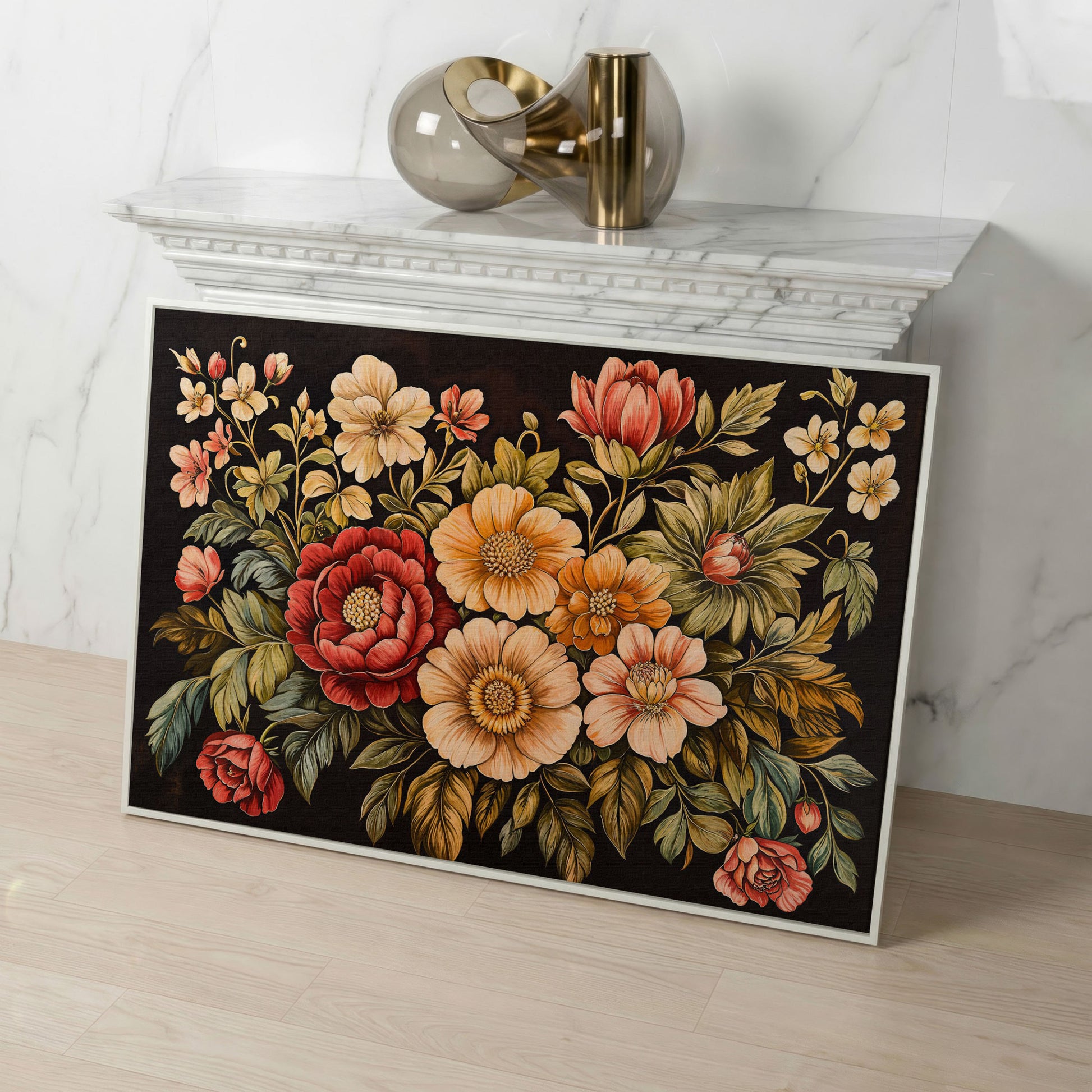 Elegant Blooms Botanical Canvas Print for Hallway Decor in white floating frame