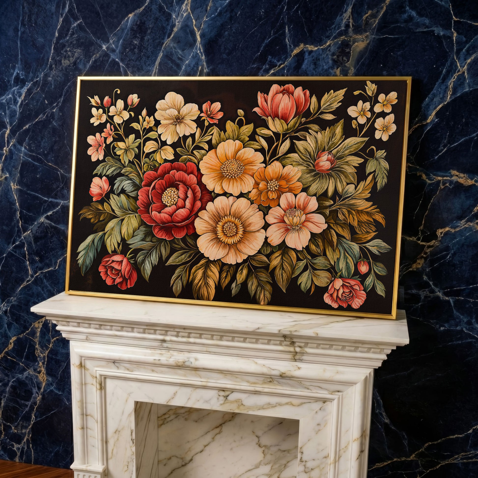 Elegant Blooms Botanical Canvas Print for Hallway Decor in yellow gold floating frame