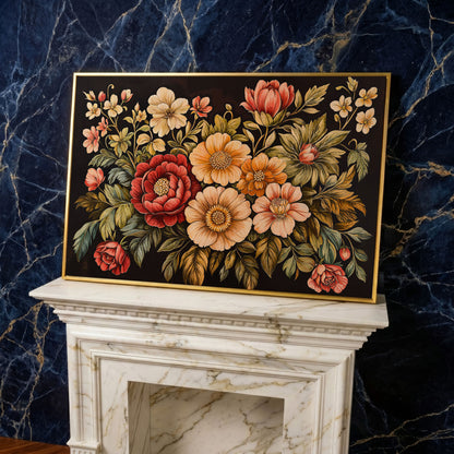 Elegant Blooms Botanical Canvas Print for Hallway Decor in yellow gold floating frame