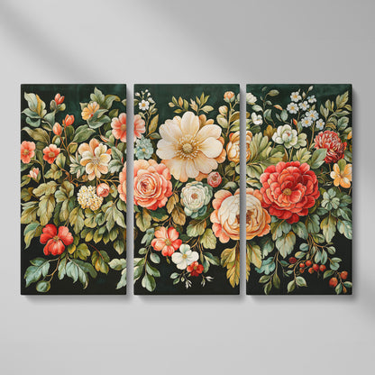 Vintage Peony & Rose Canvas Print in Forest Green & Coral as 3-panel split version